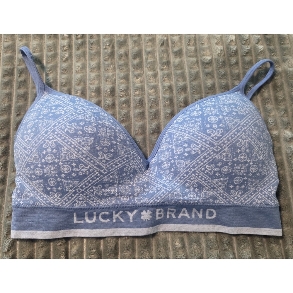 Lucky Brand Paisley Seamless Bralette Bra Blue Wirefree 36C Bohemian/Casual